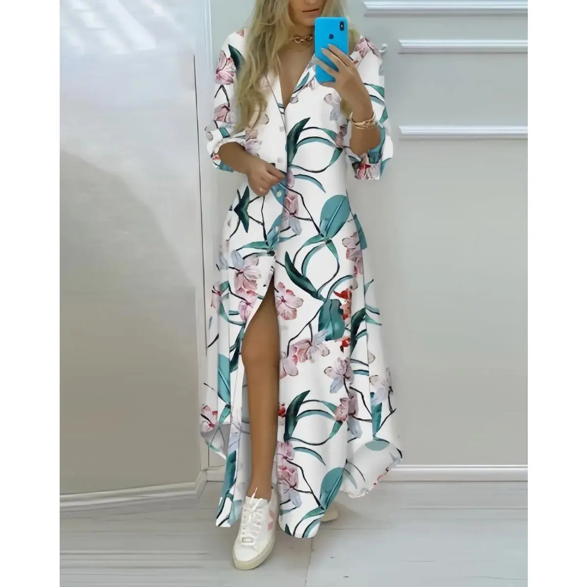 Women's Printed Long Sleeve Split Maxi Shirt Dress 86985 Button Casual