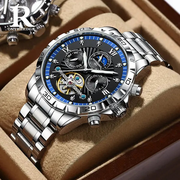 ONTHEEDGE Luxury Men's Automatic Mechanical Watch, Skeleton Dial Open Heart Design, Stainless Steel Bracelet, Premium Dress Watch for Business Casual Style