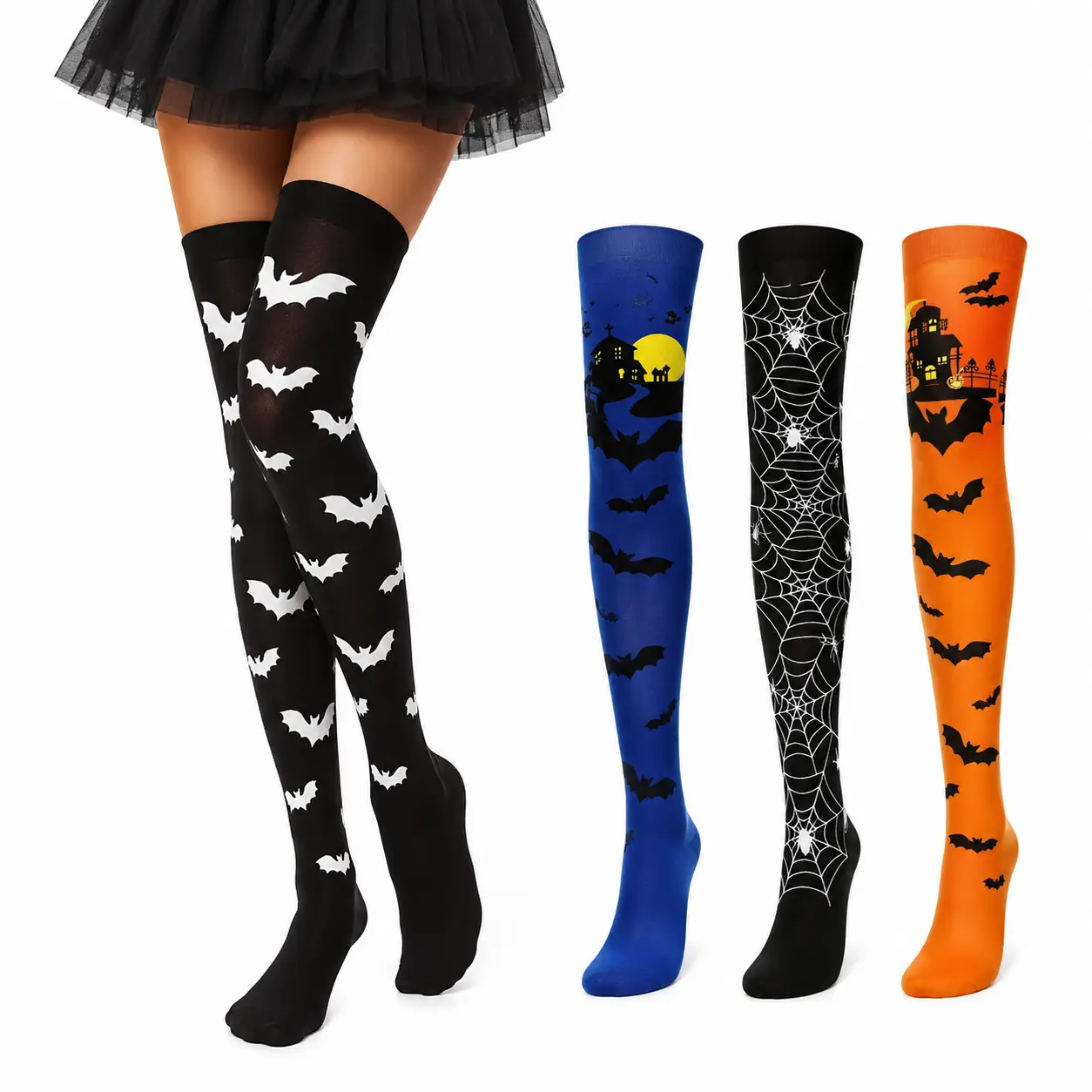 Women's 1-Pair Gothic Print Over-The-Knee Socks, Black Bat Spider Web Design, Halloween Costume Accessory, Spooky Fall Festival Wear (Sports & Outdoor Protective Gear Accessory), 1Pair A, Female