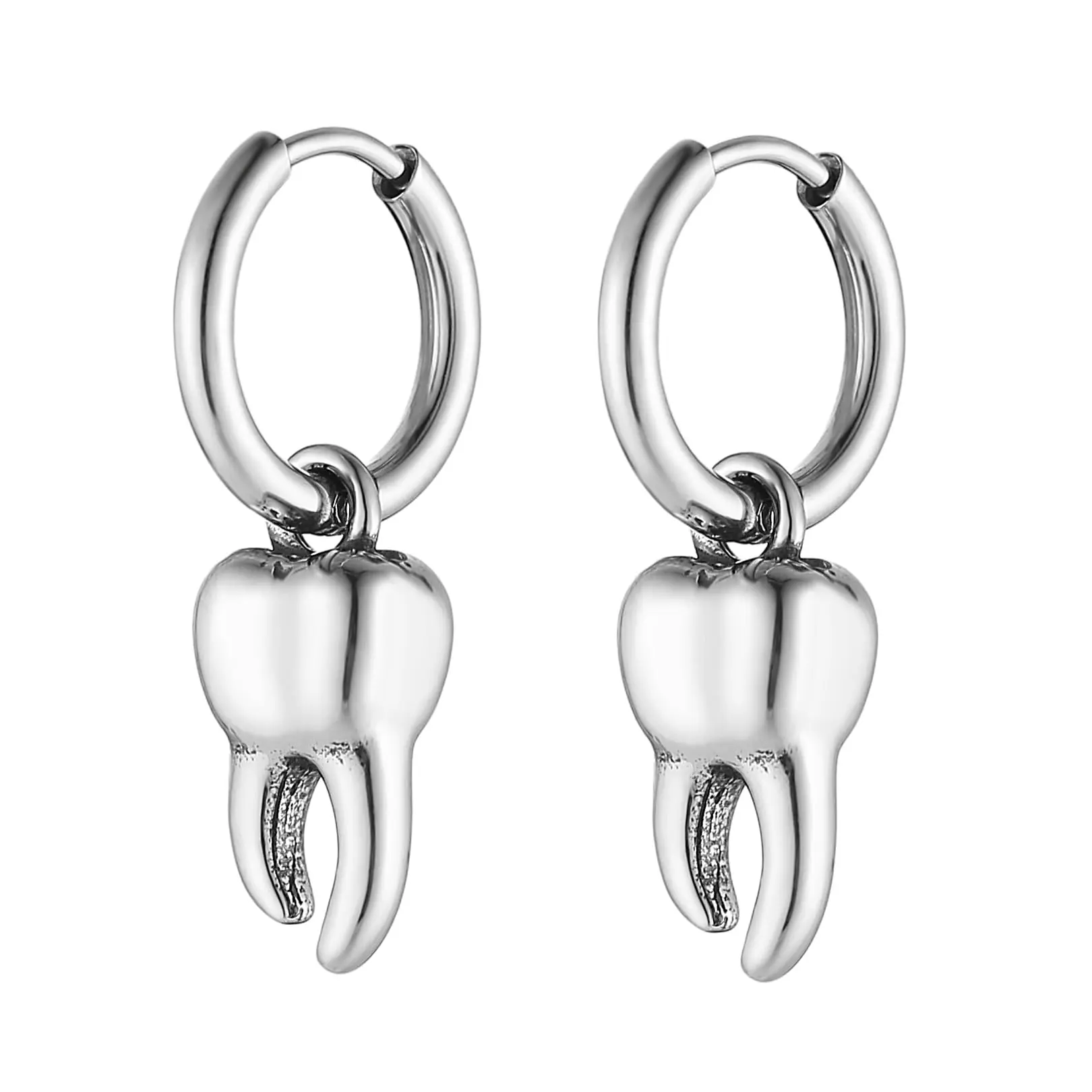 HZMAN Tooth Dangle Drop Earring for Men Women Retro Stainless Steel Small Lightweight Hinged Huggie Hoop Earring Jewelry Gift