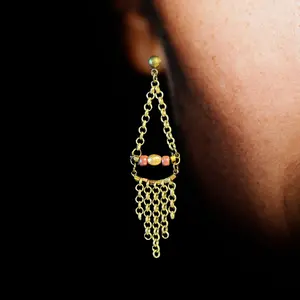 Jewelry Designs by Brandy Frazier Earrings long dangle  champagne colored freshwater pearl, and with mauve and rust tone iridescent glass beads.