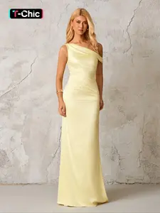Parthea Sloping shoulders Backless Ruched Satin Dress,Party Cocktail Evening Formal Occasion Long Dress