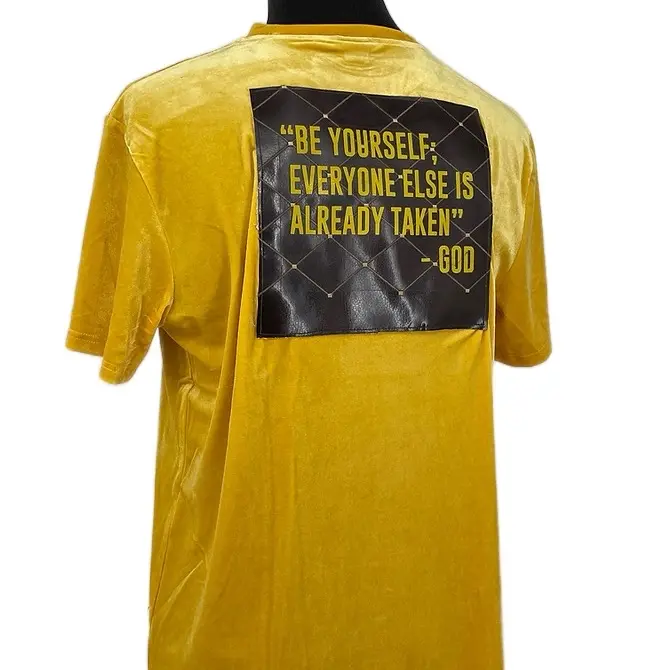 God Said Couture Classic Mustard Velvet T-Shirt (menswear womenswear streetwear casual art comfortable crewneck shortsleeved soft fabric stylish statement piece)