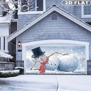 1pc 2D FLAT Durable Polyester Christmas Garage Banner - Snowy Snowman & Snowball Design, Perfect for Winter Celebrations & New Year's Home Decor, 71x157 inches