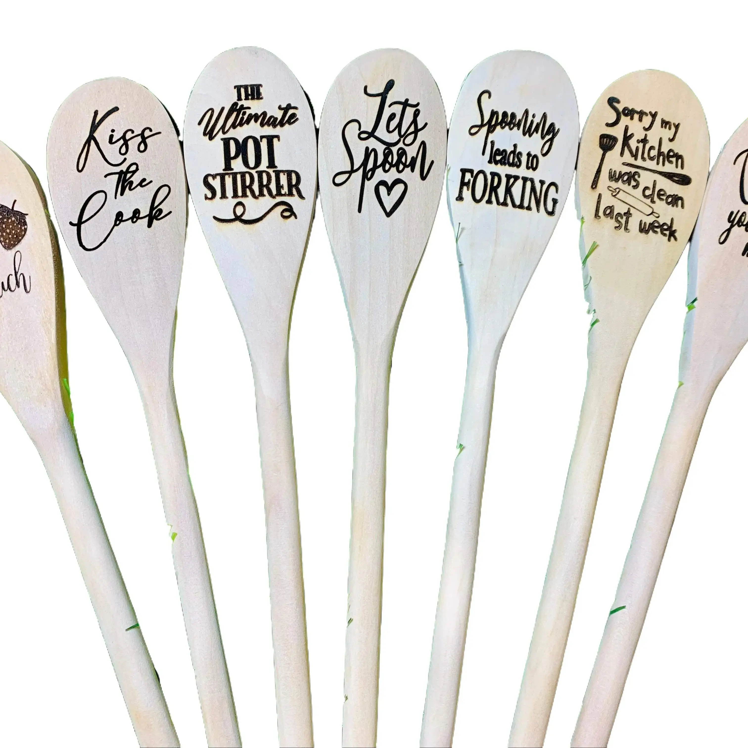 MixMatched Creation Valentines Day Love Wooden Engraved Spoons 12" Long Personalized Gifts for Any Occasion Kiss The Cook & More Non BPA Free Cutlery Tableware