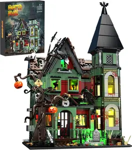 Haunted House Building Set with Lights, Halloween Mansion Architecture Model, Spooky Village Town Toy with Pumpkin, Skeleton, Bat & Cat, F-C9987