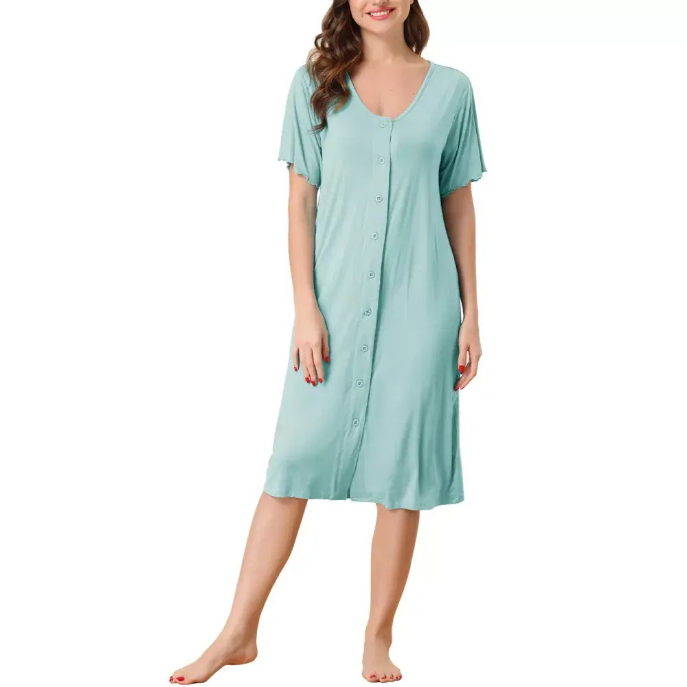 cheibear Women's Idea Gift for Mom Nightgown Button Down Short Sleeve Soft Modal Loose Pajama Sleepshirt Small Light Green