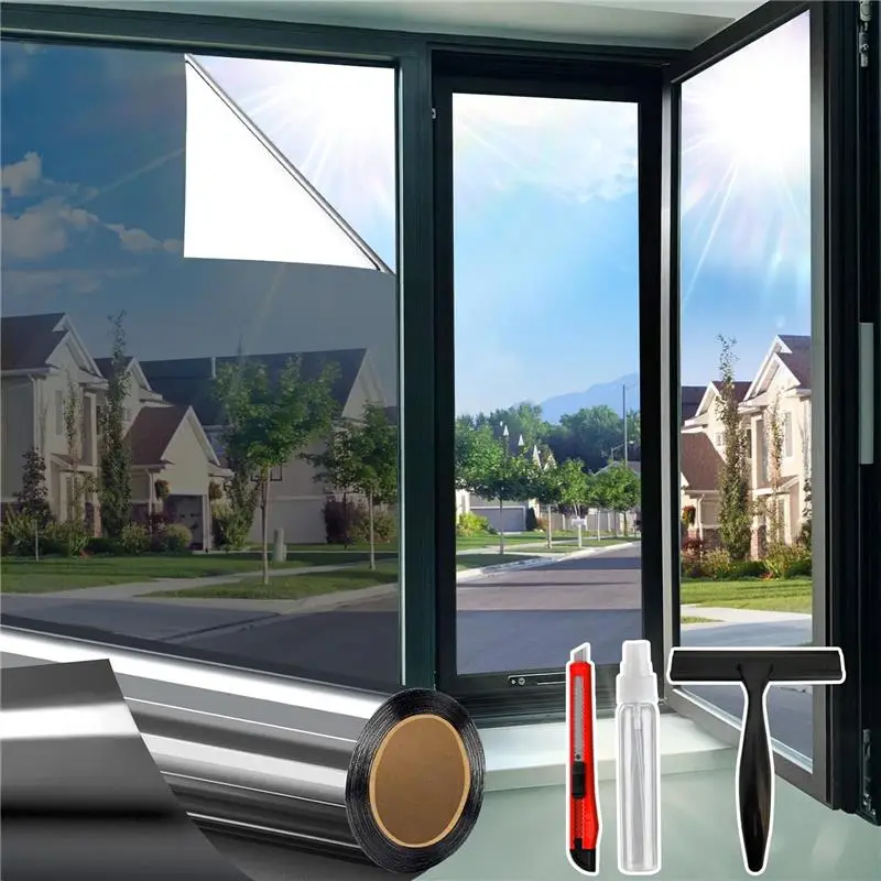 One Way Window Privacy Film See Out Not in, Window Tint for Home, Reflective Mirror Glass Windows Coverings Sun Heat UV Blocking, Black-Silver, 17.5"