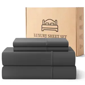 EMONIA Queen Bed Sheet Set 4-Piece with 14" Deep Pocket, Hotel Luxury Super Soft & Breathable Polyester Washed Cotton Fabric (Dark Gray)