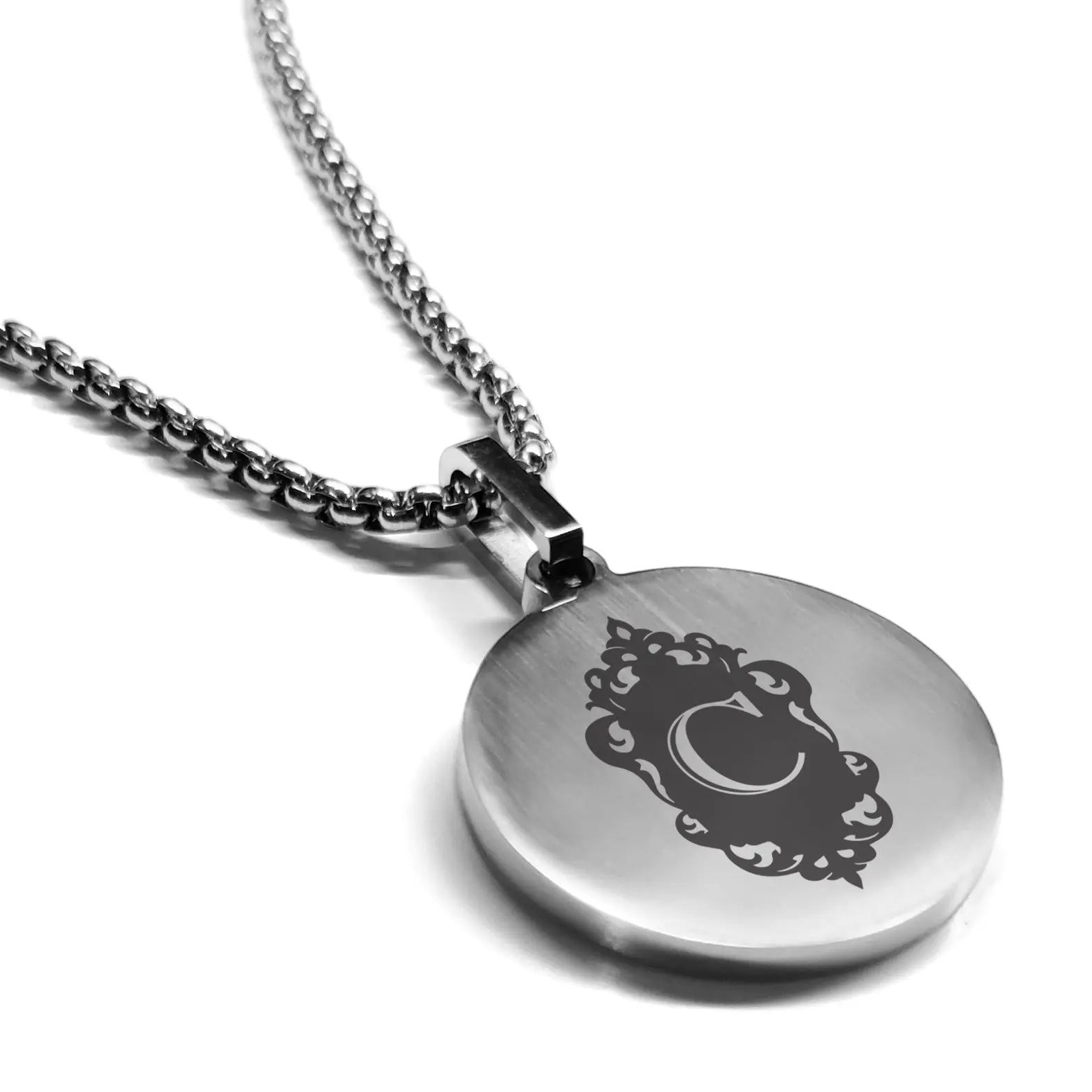 Stainless Steel Royal Crest Alphabet Letter C initial Round Medallion Pendant