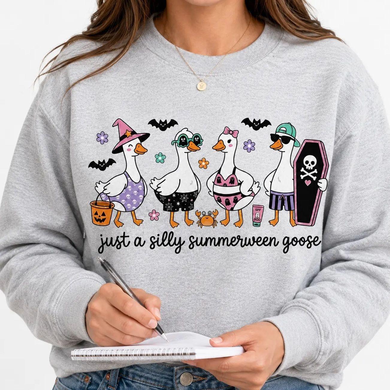 Just A Silly Summerween Goose Sweatshirt, Funny Halloween Beach Goose Sweatshirt, Spooky Summer Graphic, Cute Fall Vacation Apparel, Trending Halloween Graphic Sweatshirt, Comfortable Menswear & Womenswear Top, Perfect Gift For Men And Women, Aug4