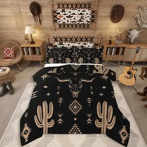 Boys Bull Skull Comforter Set,Western Cowboy Bedding Set,Vintage Southwestern Duvet Insert, Bohemian Geometric Cactus Quilt