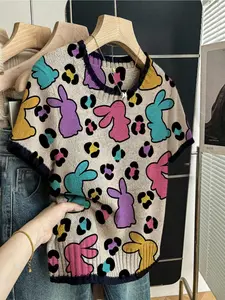 Women's Fun Cardigan Colorful Animal Rabbit Print Round Neck Sweater, Casual Short Sleeve Knitwear for Spring Summer Fall, Comfortable Warm Clothing