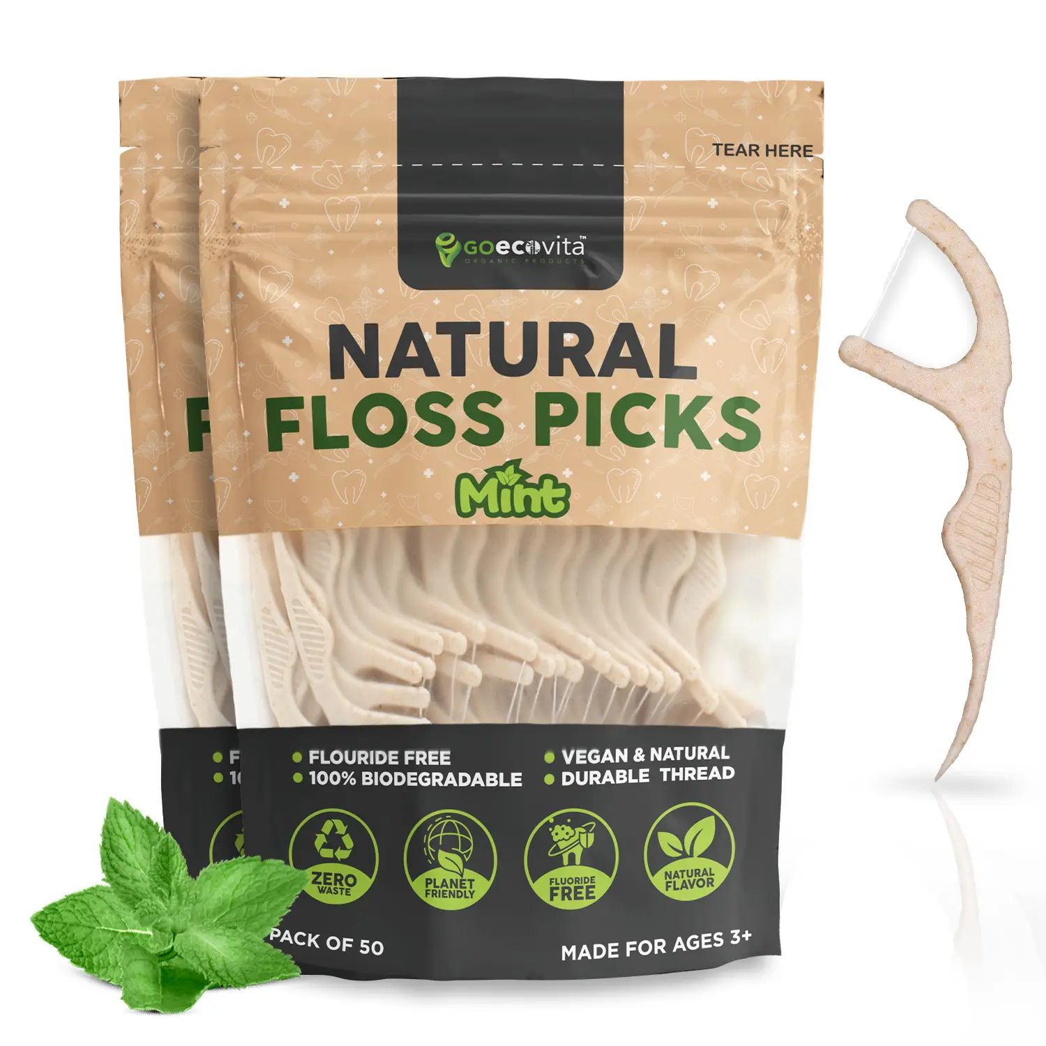 Biodegradable Floss Picks - Natural Straw Wheat Handle | Thin & Durable Thread for Tight Gaps! | Dental Flossers for Adults | Gentle on Gums & Teeth | Eco Friendly, Vegan, Natural Oral Plastic