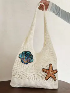Women's Starfish & Shell Decor HandmadeTote Bag, Casual Large Capacity ShoulderBag for Beach Vacation, Trendy All-matchBag for Daily Use