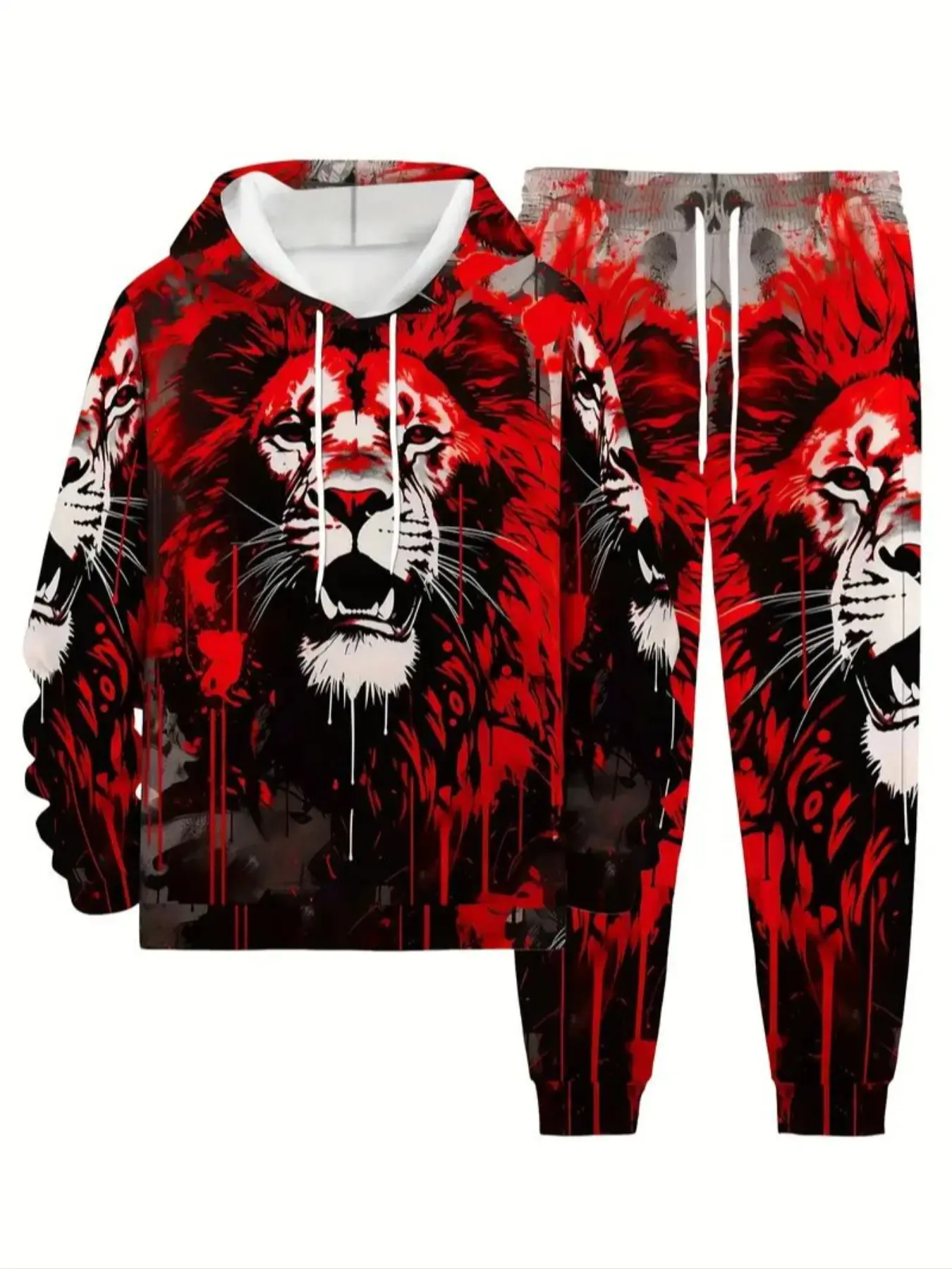 Men's Fashion 3D Lion Print Hoodie Set, Sporty Long Sleeve Pullover & Jogger Pants, Casual Outdoor Wear for Spring Fall