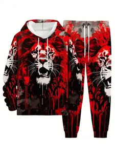 Men's Fashion 3D Lion Print Hoodie Set, Sporty Long Sleeve Pullover & Jogger Pants, Casual Outdoor Wear for Spring Fall