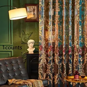 Vintage Gold Floral Embroidered Curtains, French Hole Bohemian Retro Decorative Curtain, Elegant Living Room Bedroom Window Drapes