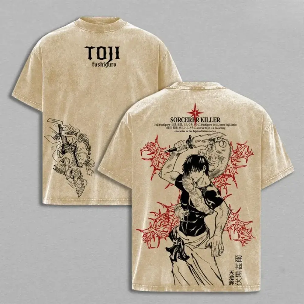 Toji Fushiguro Washed T-Shirt, Short Sleeve Oversized Heavy Cotton Jujutsu Kaisen Graphic, Unisex Retro Streetwear with Front & Back Sorcerer Killer Print, Tshirt, Shortsleeve, Menswear, Casual Menswear, Anime Merchandise, Graphic Tee, Jjk Sorcerer