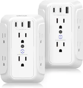 2 Pack Surge Protector Outlet Extender,  6 Outlet Splitter with 3 USB  Ports (2 USB C),900J Multi Plug Outlet Power Strip, 3 Sided USB Wall Charger for Home Office Dorm Room Essentials