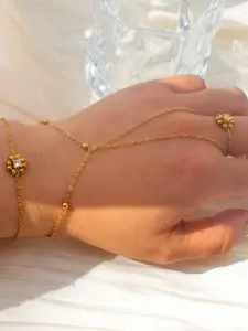 Elegant Zirconia Beaded Gold Pearl Flower Stainless Steel Bracelet, Fashionable Versatile Unique Design Jewelry Accessory