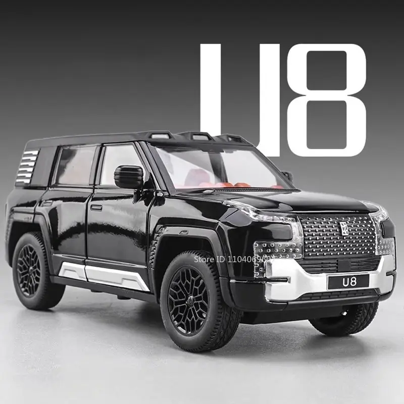 1:24 BYD Wuling U8 Model SUV Car Toy Alloy Die-cast Pull-back 6 Doors Openable Sound Light Off-road Vehicle Boy Gift