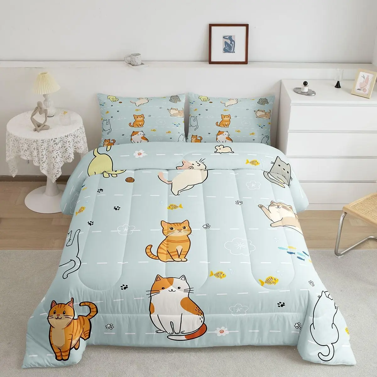 Cute Cat Comforter Set All Season Kawaii Kitten Bedding Set 1 Cats Print Microfiber Bedclothes Bedroom Decor Duvet Quilt Breathable Soft