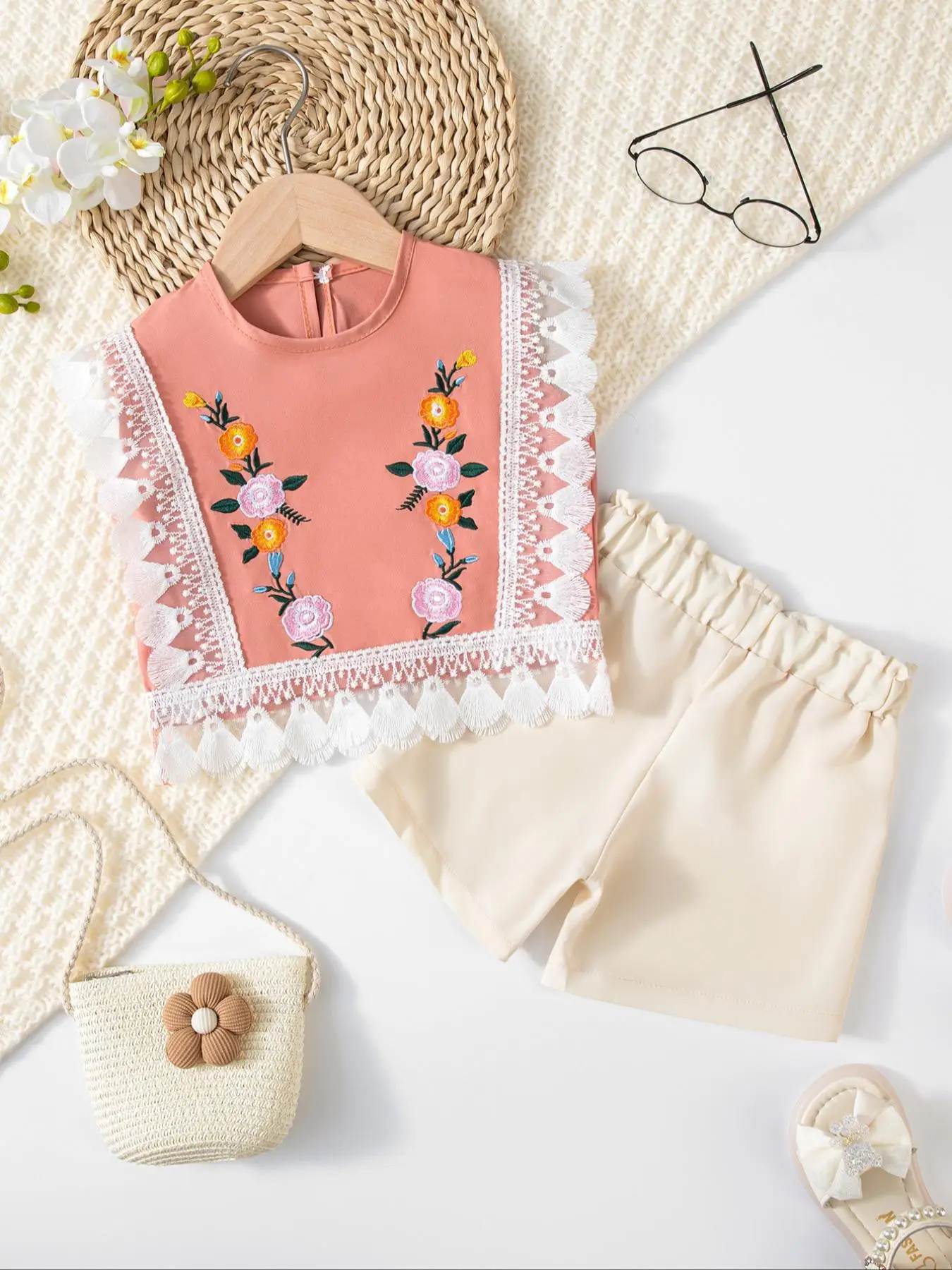 Toddler Girl's Floral Embroidery Tank Top & Shorts Two-Piece Set, Casual Sleeveless Top & Shorts for Summer, Kids Clothes for Daily Wear, Outfit, Baby