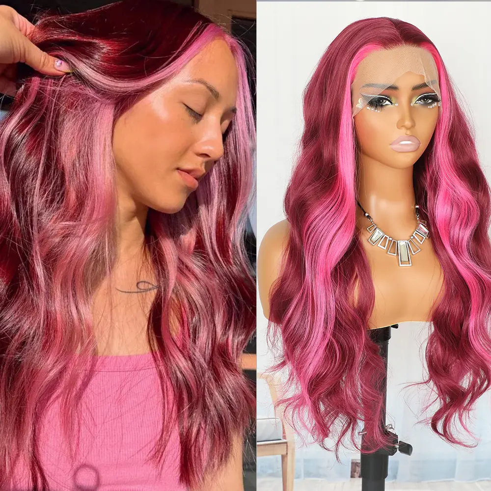 QD-Tizer 13x4 Lace Front Wig Purple Red to Pink Ombre Long Body Wave 26" Long Synthetic Lace Front Hair, 180% Density Pre-Plucked Glueless Wig with Free Part for Women Hot Pink Highligts Wig halloween wig