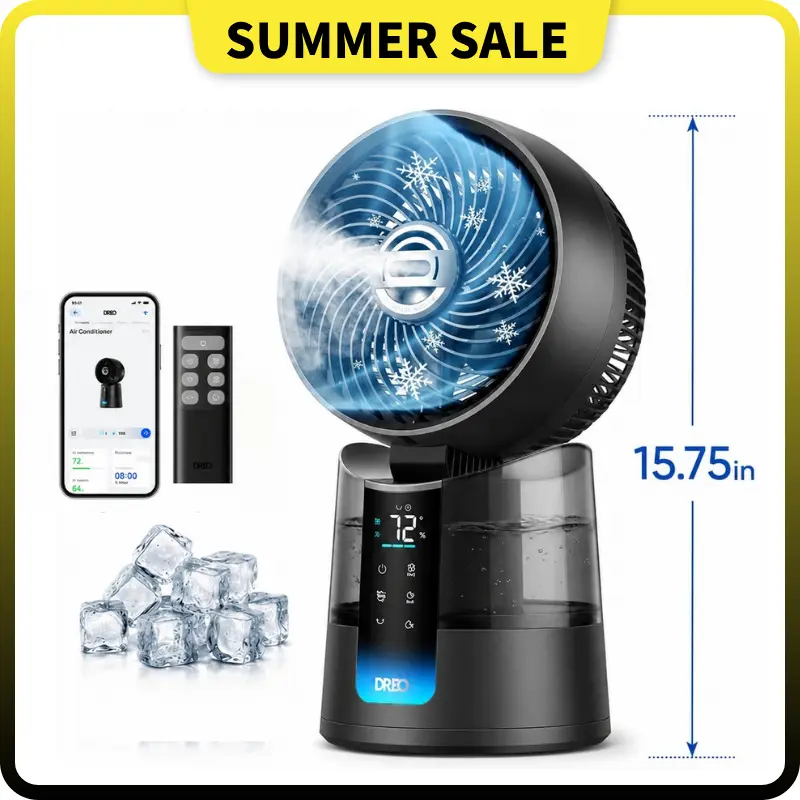 DREO TurboCool 516S Compact Multifunction Desk Portable Fan - Adjustable Cooling High Velocity Evaporative Air Cooler, 150°+30° Omni-Directional Oscillation, 26 ft/s Ultrafine Mist, 20dB Quiet, 6 Speeds, 2 Modes, Remote & App Control, RGB Lighting, Grey,