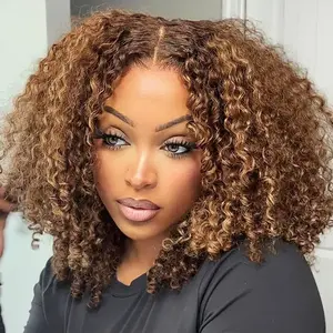Highlight Glueless Kinky Curly Short Bob Wig Pre Plucked 4x6 Lace Closure Wear And Go 180% Density 4/27 Colored Human Hair Wigs For Women