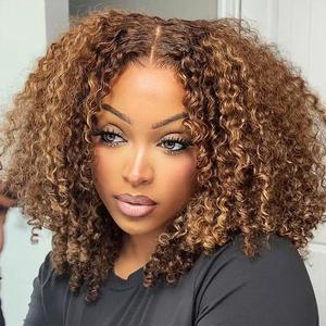 【This hair is the ticket】Highlight Glueless Kinky Curly Short Bob Wig Pre Plucked 4x6 Lace Closure Wear And Go 180% Density 4/27 Colored Human Hair Wigs For Women