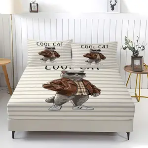 Trendy striped kitten fashionable pattern bed sheet, comfortable printed pattern, including 1 bed sheet and 2 pillowcases, comfortable bedding, anti slip dust cover suitable for bedrooms and guest rooms, suitable for children or adults as gifts