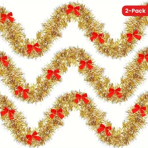 Golden Tinsel Garland with Red Bows 2-Pack, 6.5 Feet Each – Versatile Hanging Christmas Decorations for Holiday Festive Home, Party, Wedding, Diwali, Valentine's Day, Halloween, Easter, Hanukkah Decor