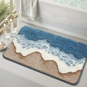 1pc Nordic style bathroom non slip floor mat, Bathroom rug, with blue, white wave design, soft and comfortable, absorbent and non slip, machine washable, suitable for bathrooms, bedrooms, and entrances, suitable for simple home scenes