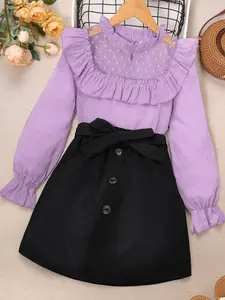 Two-Piece Set Girl's Contrast Lace Swiss Dot Blouse & Belted Skirt Set, Elegant Layered Sleeve Top & Button Skirt for Party Holiday, Kids Fall & Winter Clothes, Fashion Set, Skirts Sets