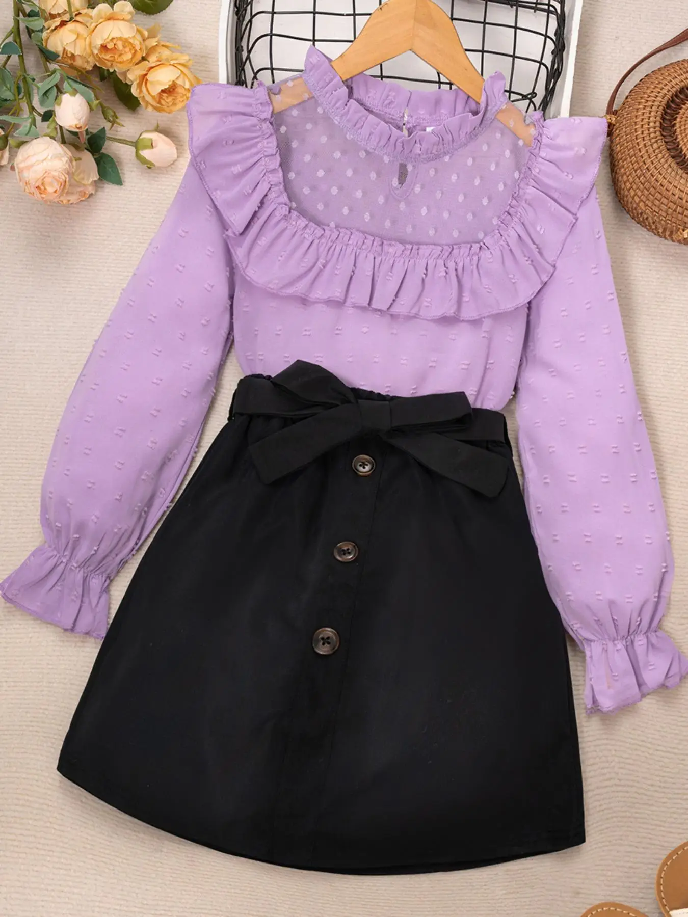 Two-Piece Set Girl's Contrast Lace Swiss Dot Blouse & Belted Skirt Set, Elegant Layered Sleeve Top & Button Skirt for Party Holiday, Kids Fall & Winte