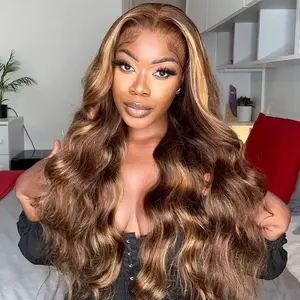 OQ HAIR Honey Blonde Ombre 7x5 Body Wave Lace Front Wig Human Hair Highlight Wear Go Glueless Wig Pre Plucked for Women 4/27 Colored