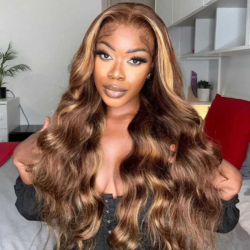 OQ HAIR Honey Blonde Ombre 7x5 Body Wave Lace Front Wig Human Hair Highlight Wear Go Glueless Wig Pre Plucked for Women 4/27 Colored