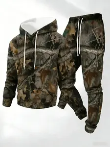 2026 men's full body leaf print long sleeved hooded sweatshirt+pants set, casual pairing with thick and warm suit, suitable for winter and autumn