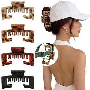 4PCS Hat Friendly Leopard Print Hair Claw Clips for Women, Square Style, Secure Hold Jaw Design for Thick and Thin Hair, Baseball Cap Hairstyles Daily Wear Travel