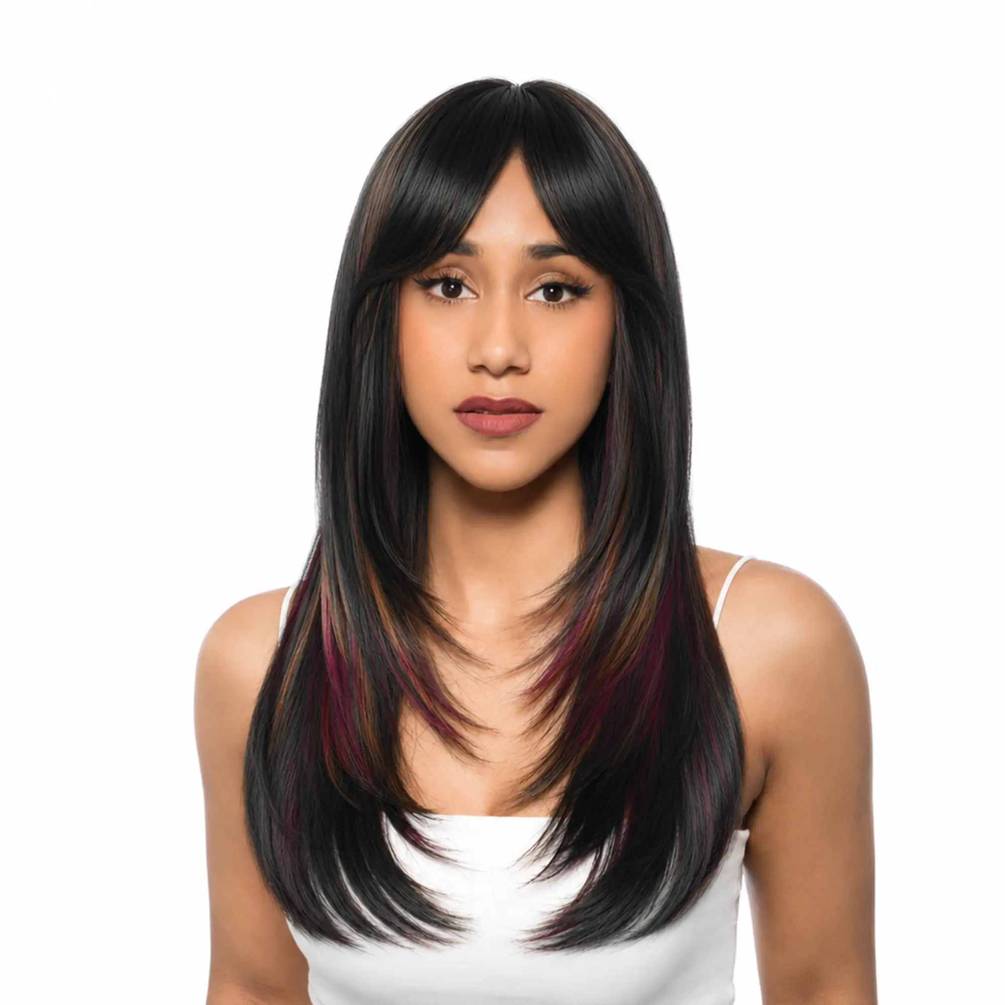 GALAXY 23-Inch Darkest Brown (Copper Highlights) Straight Inward Curve Synthetic Wig | 【Heat Resistant】【Cap Included】 | #29 @29 43FSGB