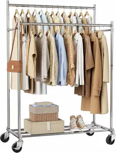 Clothes Rack,Double Rods Rolling Clothing Rack for Hanging Clothes load 400LBS,Portable Garment Coat Rack with Wheels Wardrobe Closet for Bedroom Laundry Room,Retail Store,Silver