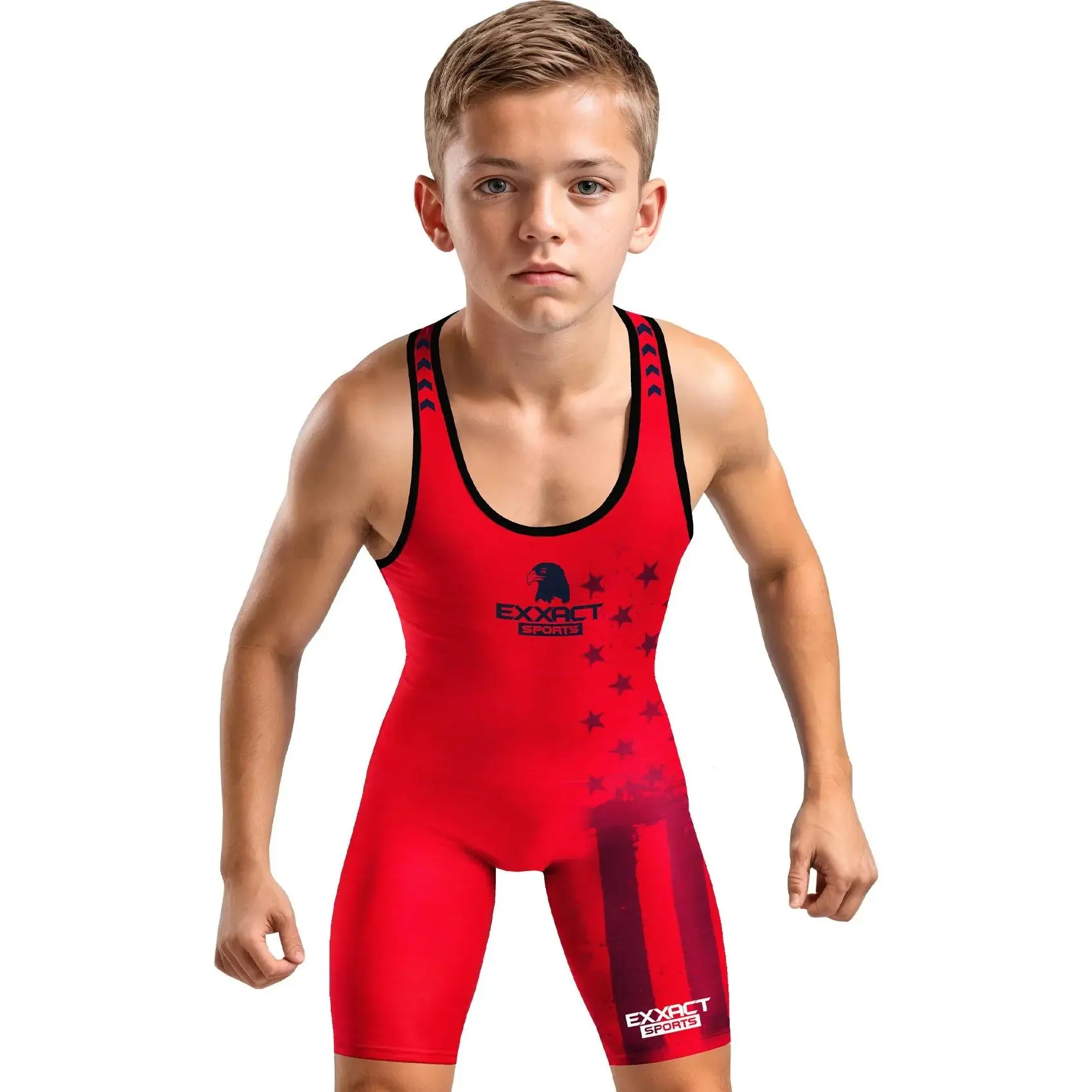 Exxact Sports Patriot Youth Wrestling Singlet For Boys, Premium Powerlifting Singlet, Kids Wrestling Singlets For Training (Red)