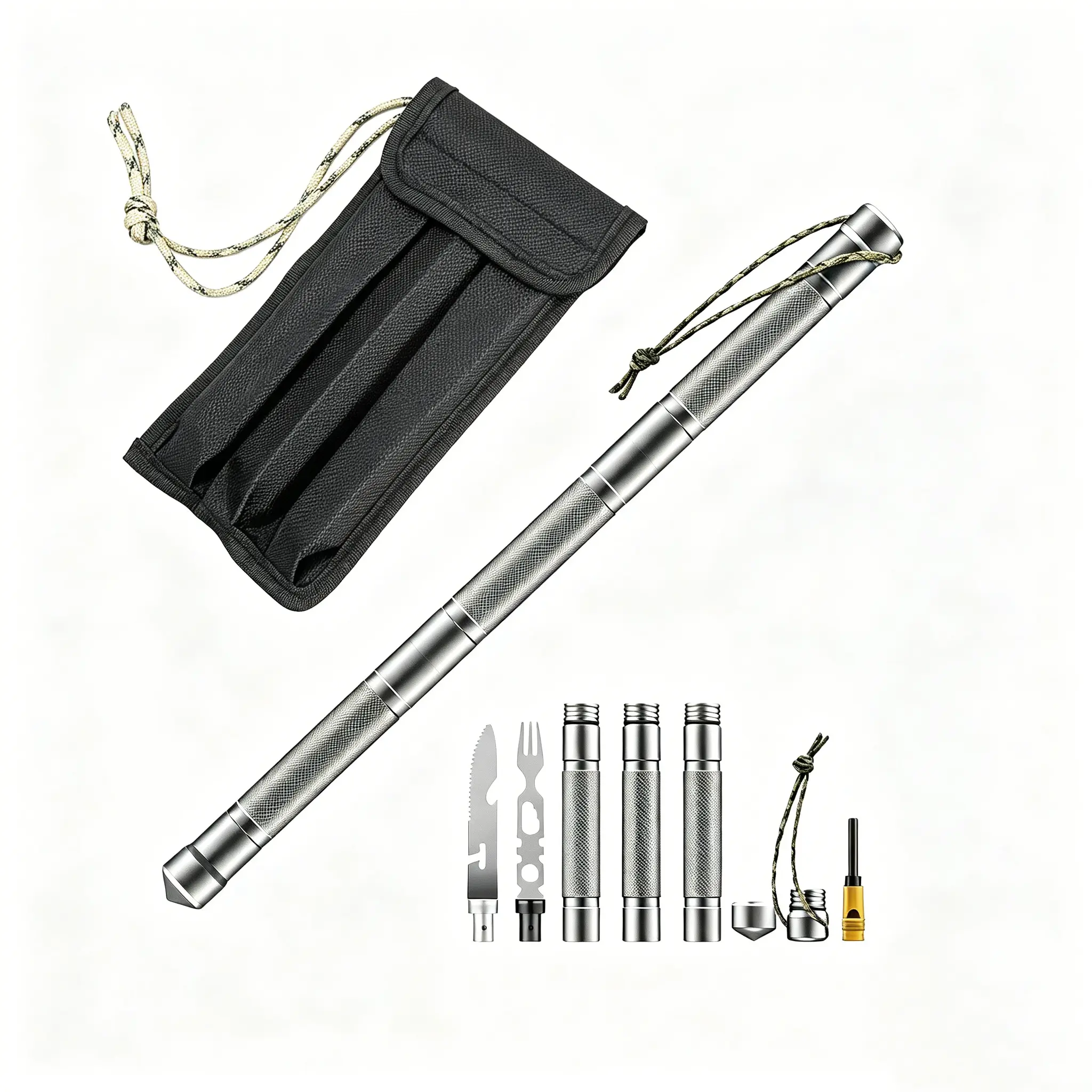 All-In-One Detachable tools with Storage Bag, Premium Aluminum Multi-Tool Staff, Emergency Window Breaker, Fire Starter, Compass Whistle Cutlery Kit for Camping Hiking Car Emergency Prep