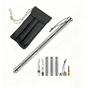 All-In-One Detachable Survival Walking Stick with Storage Bag, Premium Aluminum Multi-Tool Staff, Emergency Window Breaker, Fire Starter, Compass Whistle Cutlery Kit for Camping Hiking Car Emergency Prep