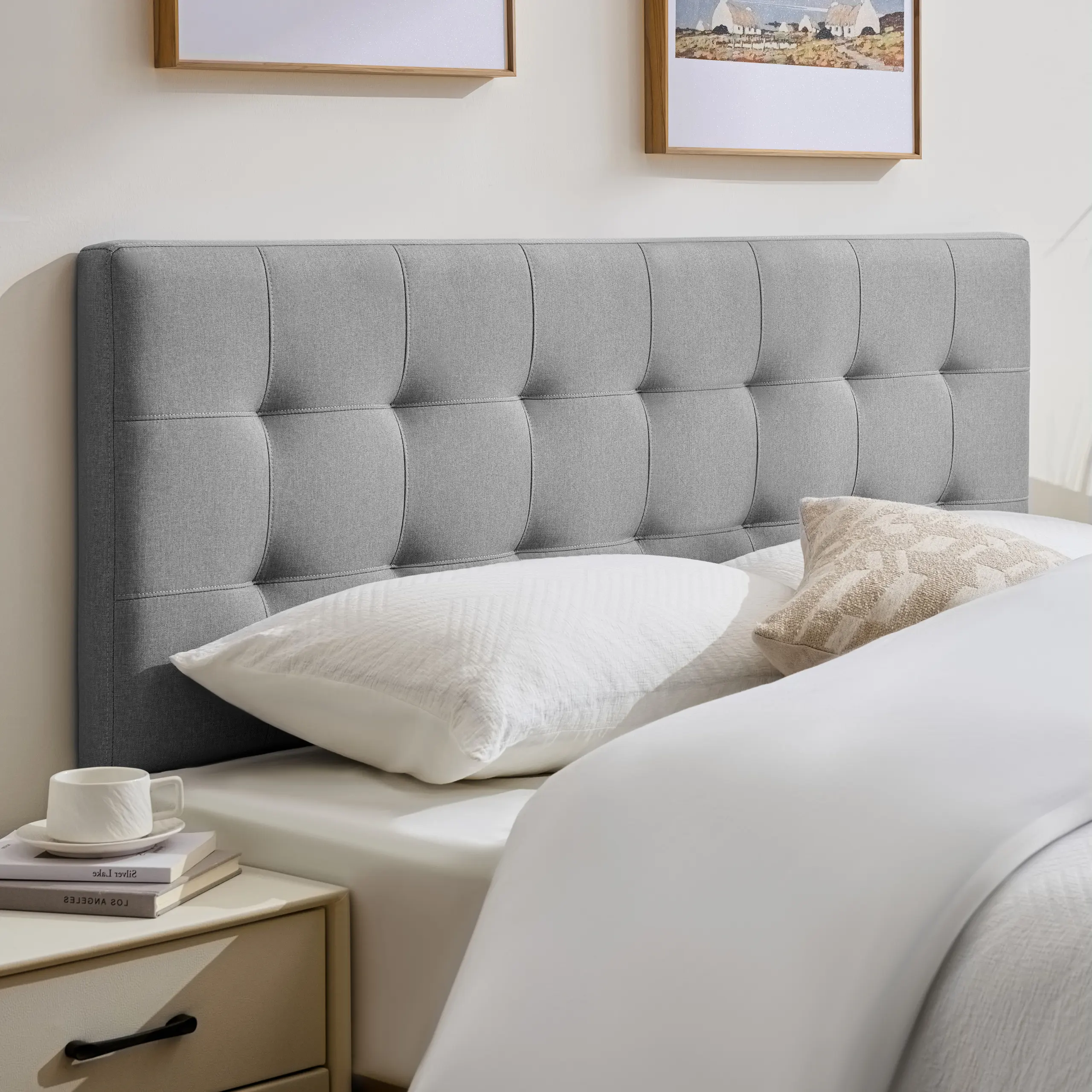 Linen Stitched Tufted Headboard Queen Size, Wood Queen Headboard Only, Adjustable Height 37.2-46 Inches, Bed Frame or Wall Mount, Stable Non-Slip Support, Padded Bedroom Headboard,