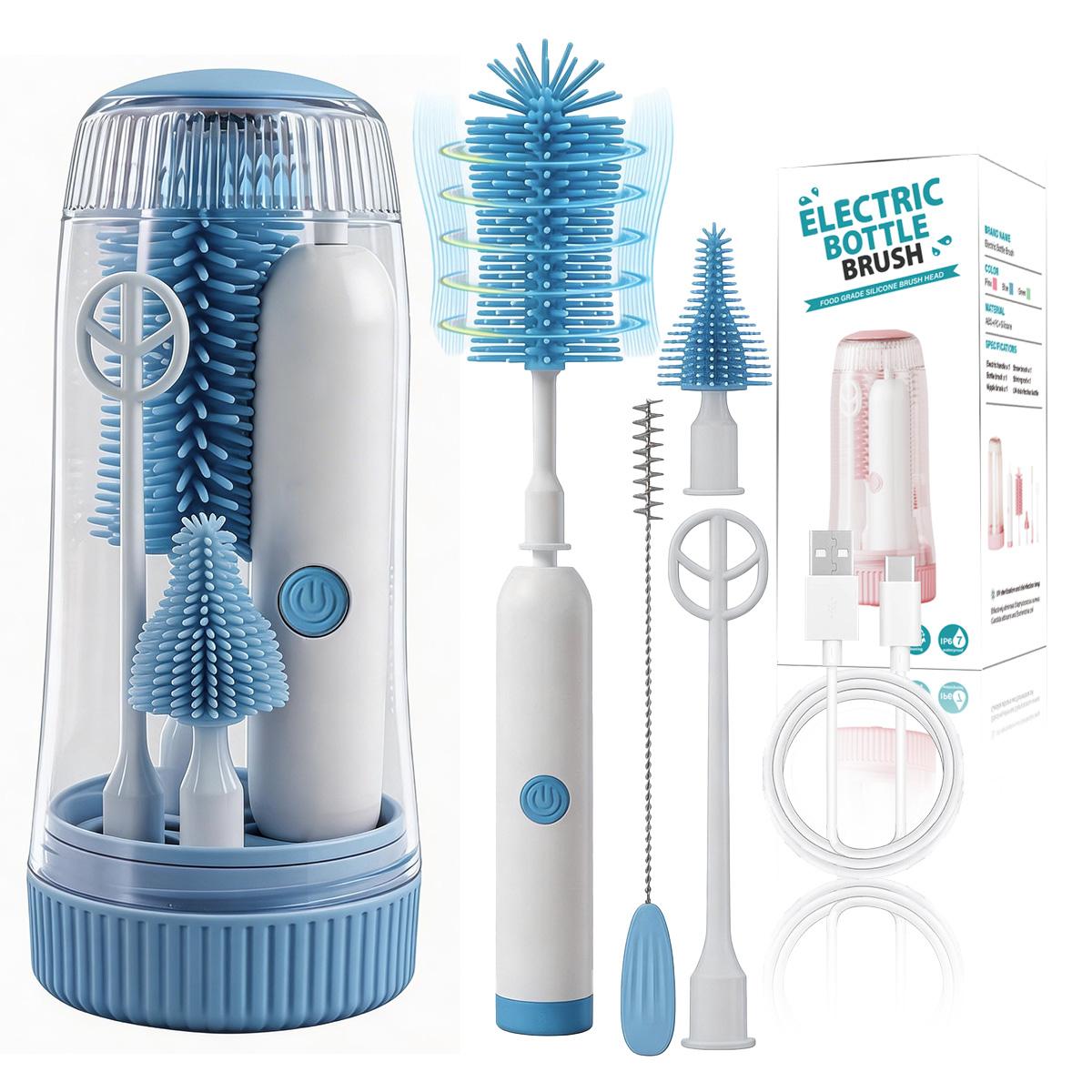 Electric Bottle Cleaning Brush, Baby Bottle Brush Cleaner, Water Bottle Cleaning Kit, Nipple Brush,Straw Cleaner Brush, 360° Rotation, Silicone Material, Waterproof,6 Packs Set for Newborns