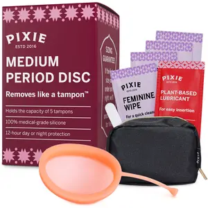 Pixie Menstrual Disc for Feminine Care - 100% Medical-Grade Silicone - Ranked 1 for Softest Reusable Period Disc - Removes Like a Tampon - Wear 12 Hours - Capacity of 5 Tampons (Coral, Medium)