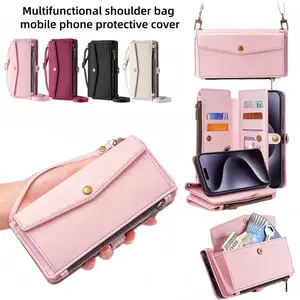 Multifunctional phone case with zipper and side buckle, made of TPU+PU faux leather and hardware, built-in card slot, shockproof and anti-theft, stylish, safe and practical, lanyard phone pouch compatible with iPhone 17/16/15/14/13/12 Pro Max